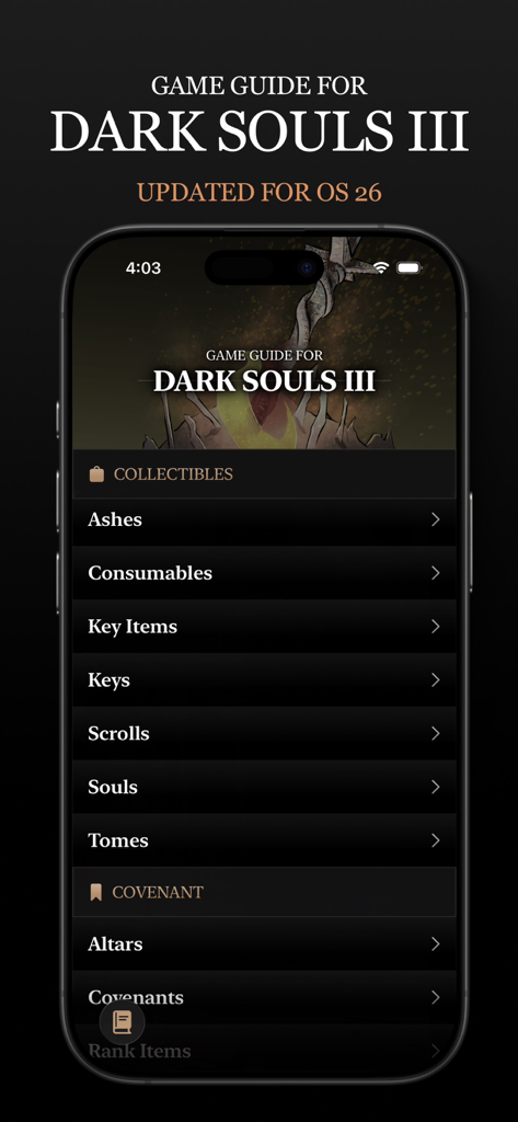 Game Guide for Dark Souls III - Dark Souls III game guide home screen menu showing categories for collectibles and covenants