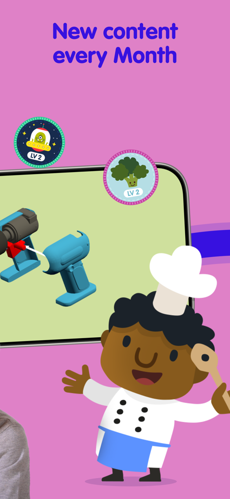 Fiete PlaySchool for kids 5+ - Fiete PlaySchool app interface showing a chef character and achievement badges