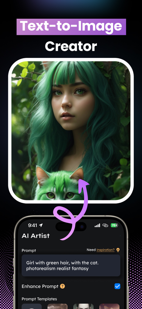 Interfaz de la app Vidu AI mostrando un generador de texto a imagen con una indicación para una chica con pelo verde y el retrato resultante generado por IA.