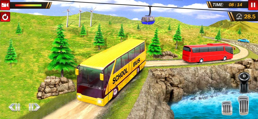 School Bus Uphill Driving - Un autobús escolar amarillo conduciendo por una carretera de montaña con un autobús rojo cerca y un teleférico al fondo.