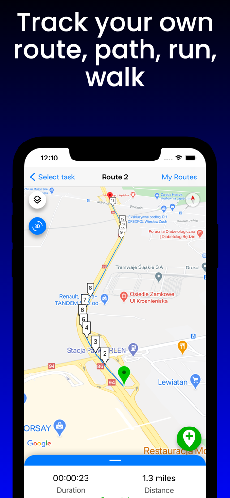 Tracker 8 app screen showing a tracked path on a map with distance and duration