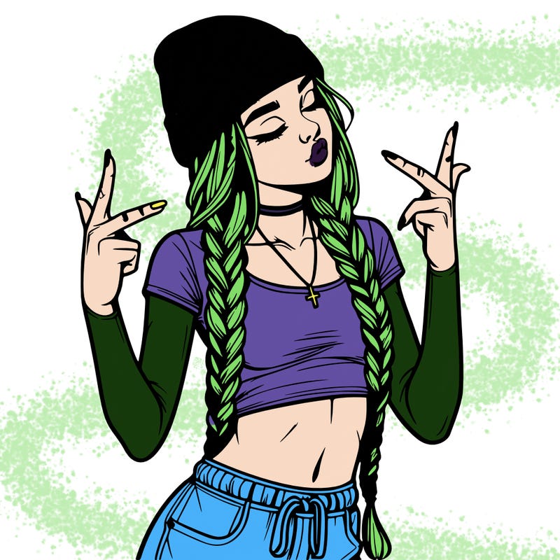 realistic teenage girl with braids and a beanie and crop top doing 🫶🏼