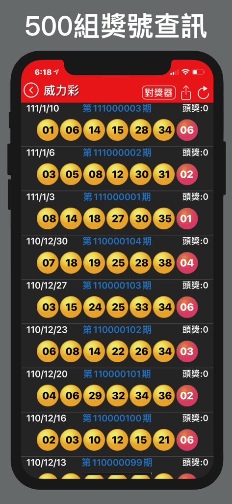 Uno schermo di un'app mobile mostra un elenco di numeri vincenti della lotteria precedenti per il Super Lotto di Taiwan