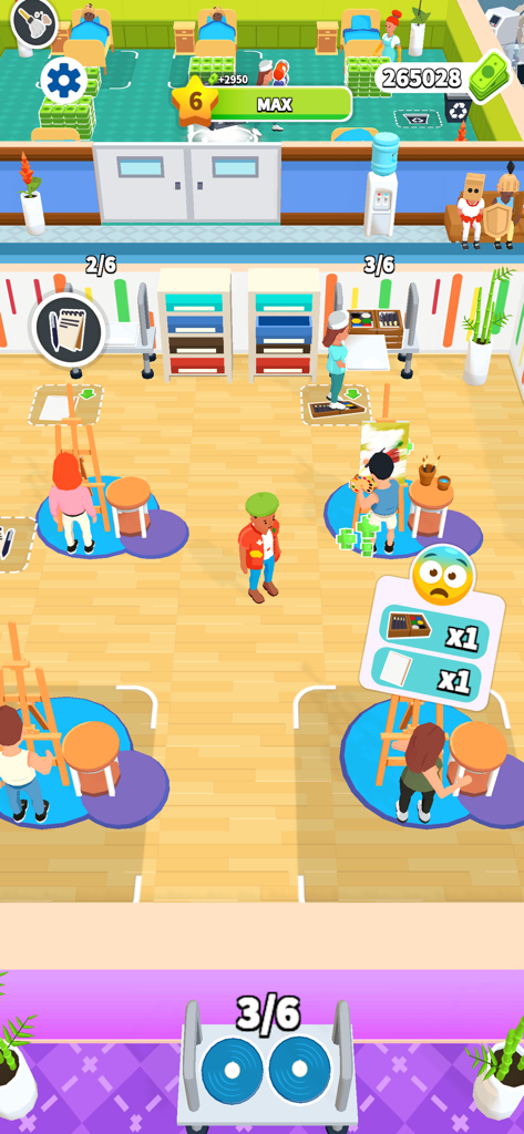 Gameplay screenshot of Doctor Hero showing a hospital clinic with patients in an art therapy room.
