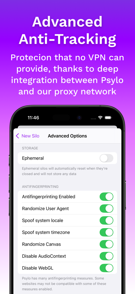 Psylo: Private Browser & Proxy - Impostazioni avanzate anti-tracking e anti-fingerprinting nell'app browser privato Psylo.
