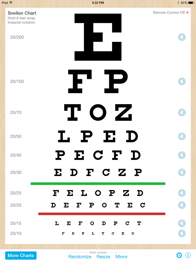 Eye Chart Pro - Eye Chart Pro app displaying a digital Snellen chart for eye exams.