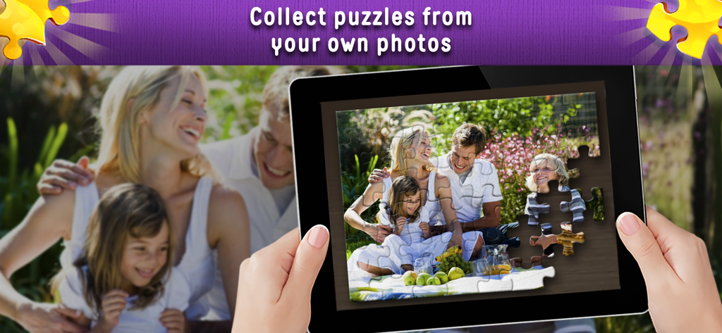 Jigsaw Puzzles World - A tablet screen displaying a custom jigsaw puzzle being assembled from a personal family photo