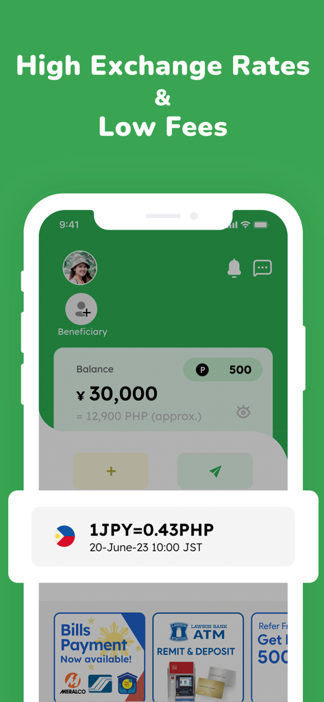 Smiles Mobile Remittance - Smiles Mobile Remittance app interface showing high exchange rates and low fees for money transfers to the Philippines