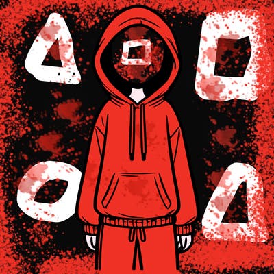 faceless girl in a tracksuit with a hood on and no hair