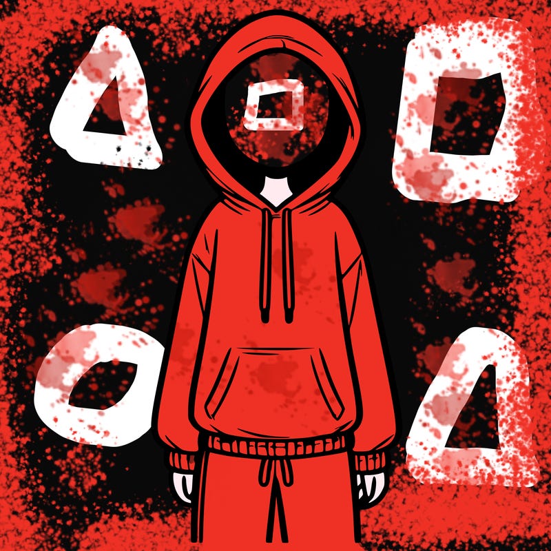 faceless girl in a tracksuit with a hood on and no hair