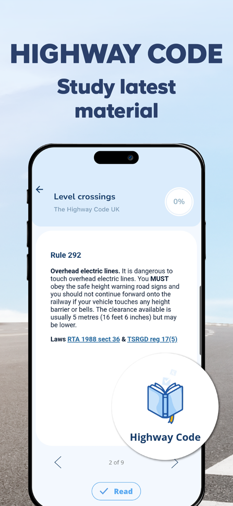 LGV & HGV Theory Test Kit 2026 - Highway Code section of the HGV theory test app showing road rules and study progress