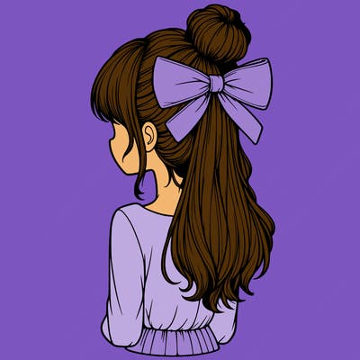 realistic girl  with hip length hair a bun and a big bow on the back of head