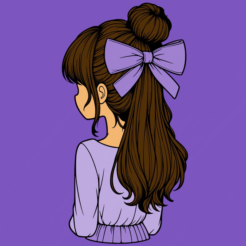 realistic girl  with hip length hair a bun and a big bow on the back of head