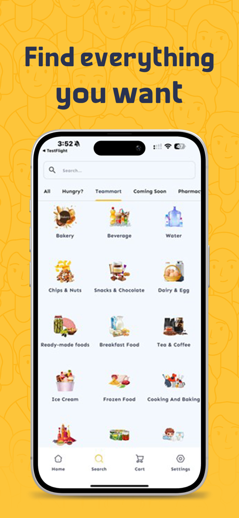 TipTop تيب توب - Interface of the TipTop app showing grocery categories such as bakery, beverages, and snacks.