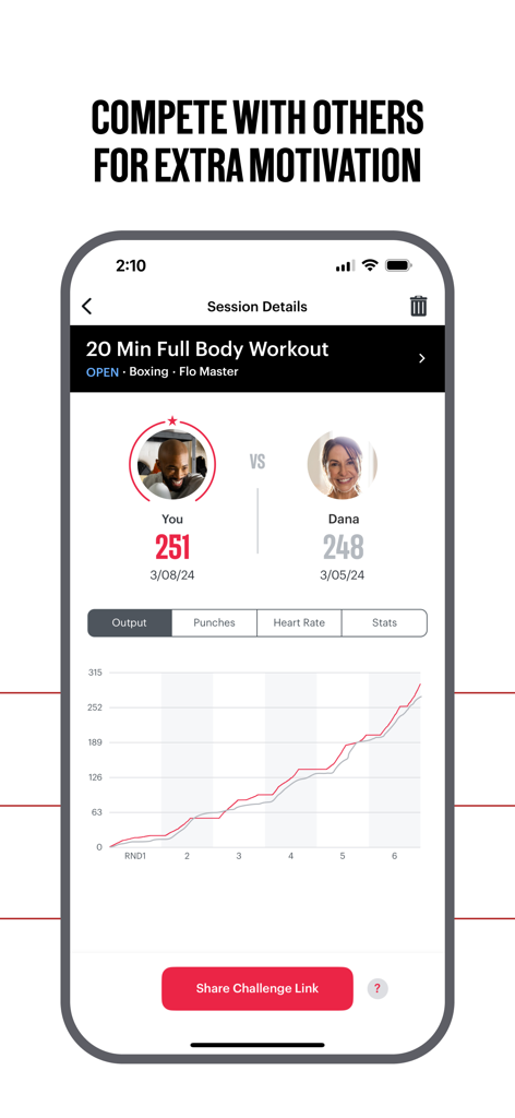 FightCamp session details screen displaying a head-to-head boxing workout comparison and output graph.