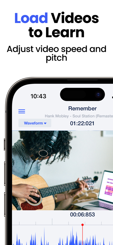 Speed Changer | Transcribe+ - A musician using the Transcribe plus app to learn guitar by adjusting video speed and pitch with an audio waveform display
