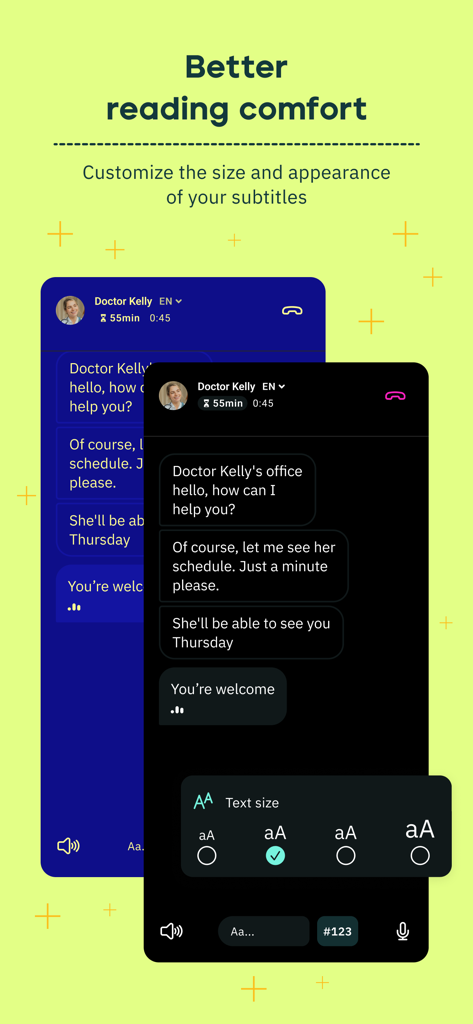 Interfaz de la aplicación Rogervoice que muestra el tamaño de texto personalizado y los temas de color para la transcripción de llamadas en tiempo real.