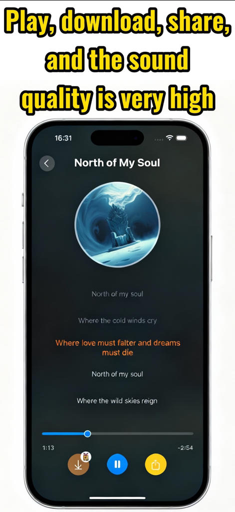 Songify: AI Music Generator - Tela do reprodutor de música do aplicativo Songify exibindo letras de uma música gerada por IA com reprodução de áudio de alta qualidade e opções de download.
