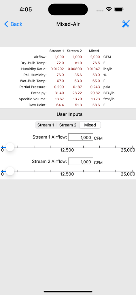 HVAC Psychrometric Plus - Pantalla de cálculo de aire mezclado mostrando datos de flujo de aire y temperatura para dos flujos de aire y su mezcla en la aplicación HVAC Psychrometric Plus