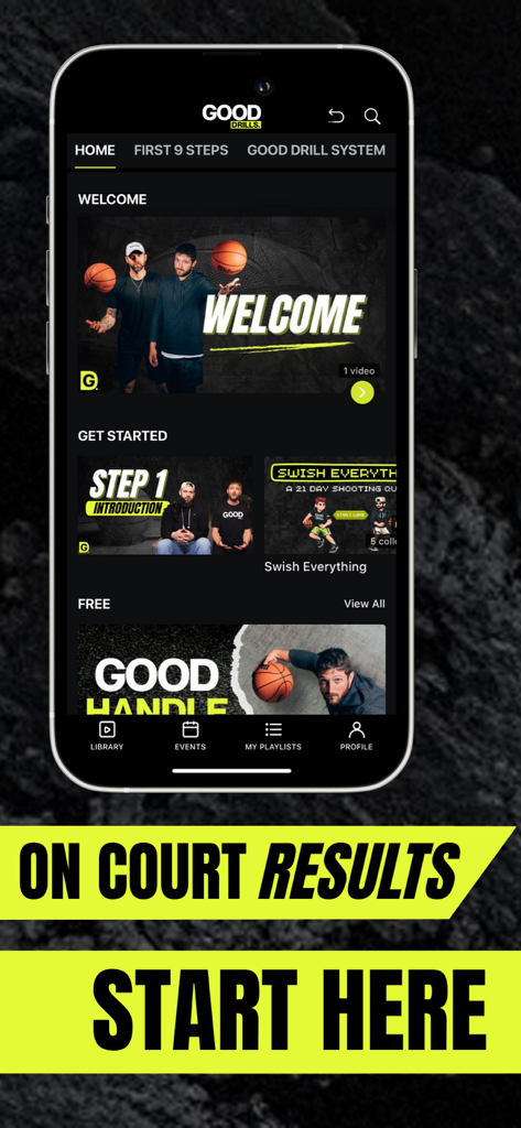 Good Drills - Home screen of the Good Drills app showing basketball training programs and video drills