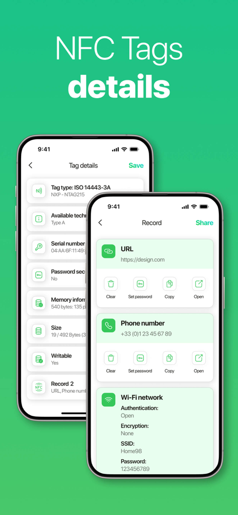 NFC Reader & Scannerㅤ - Interfaz de la aplicación NFCScan que muestra detalles de etiquetas y datos registrados como URL, número de teléfono y credenciales WiFi