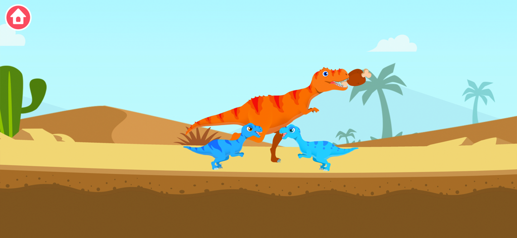 Un T-Rex orange avec un os dans la gueule courant à côté de deux petits dinosaures bleus dans un environnement désertique.