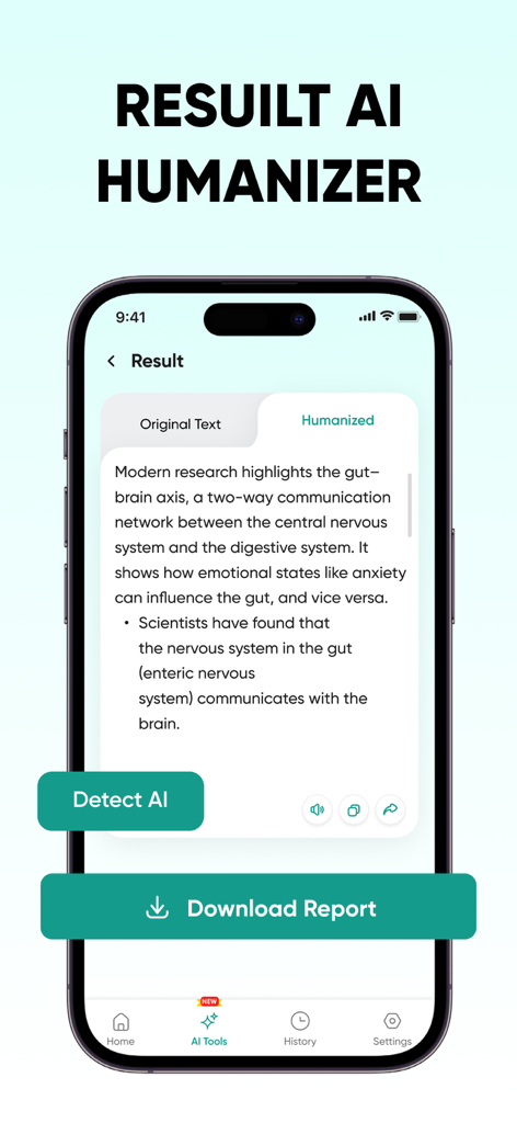 Plagiarism Checker | Detect AI - Mobile app interface showing the result of the AI humanizer tool with options to detect AI and download report