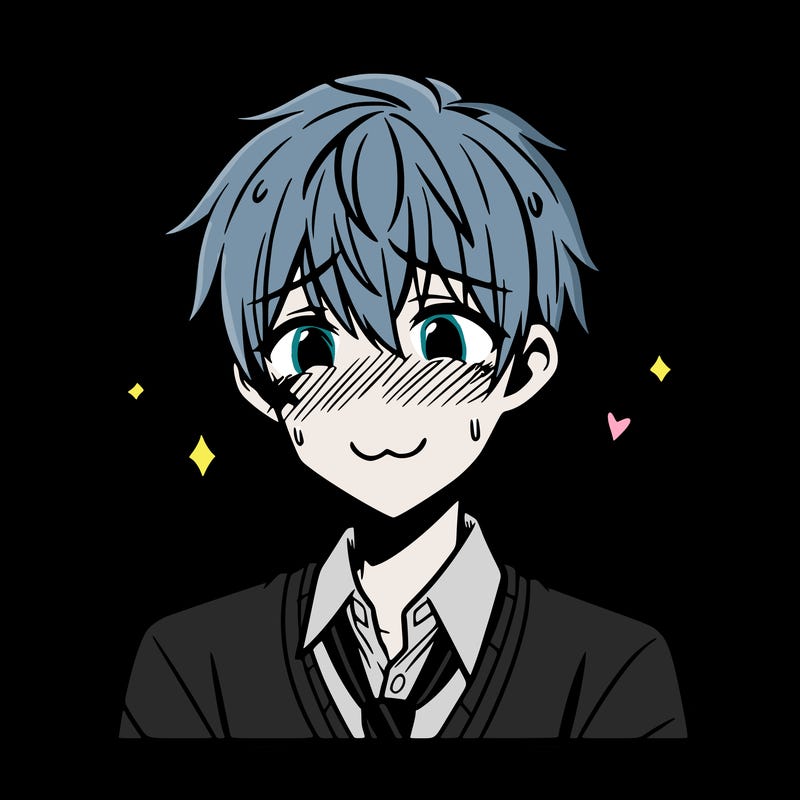 anime boy with short messy blonde hair and a shy smile, blushing