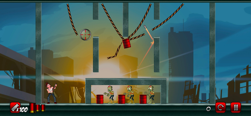Stupid Zombies® 2 - A character aiming a ricocheting bullet at zombies in a city sunset physics puzzle level