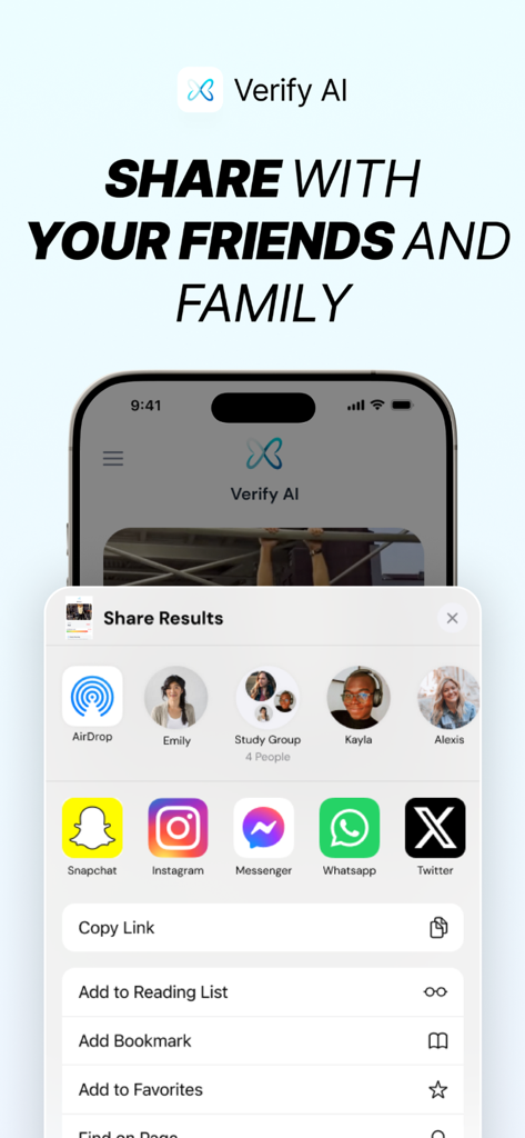 Verify AI - Photo Detector - Verify AI app interface showing options to share photo detection results with friends and family