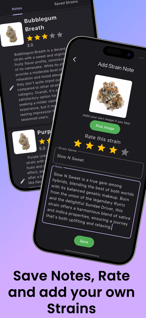 Mobile app screens showing cannabis strain reviews and the interface for adding personalized notes and star ratings