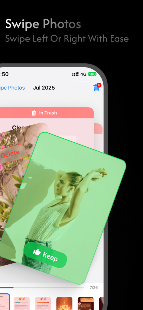 Lapu Fan app interface showing the swipe feature to delete or keep photos for storage optimization