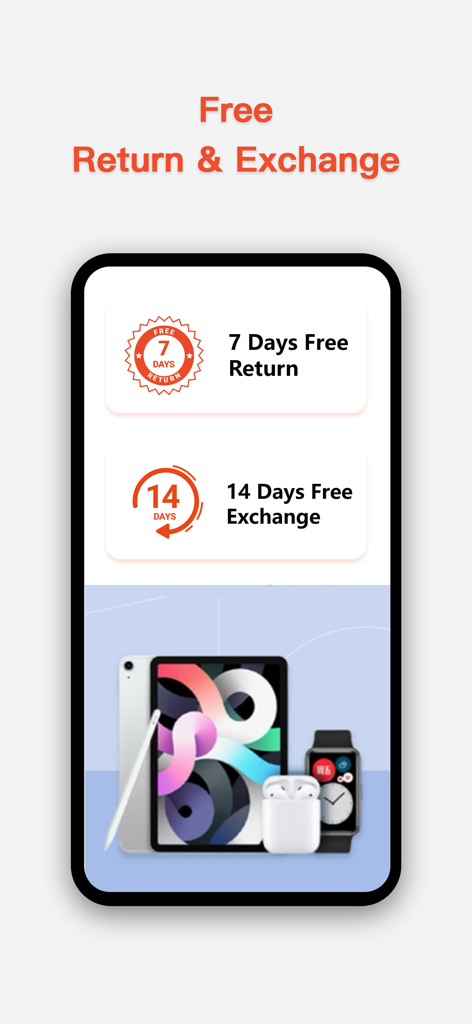 Smile Shop app screen showing 7 days free return and 14 days free exchange policies