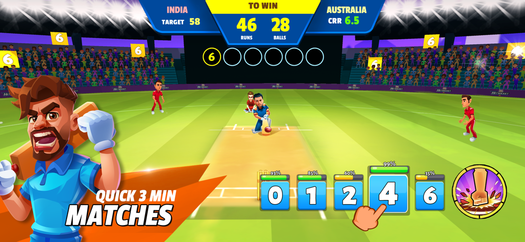 Hitwicket 크리켓 게임의 빠른 3분 경기 및 점수판을 보여주는 게임 플레이.