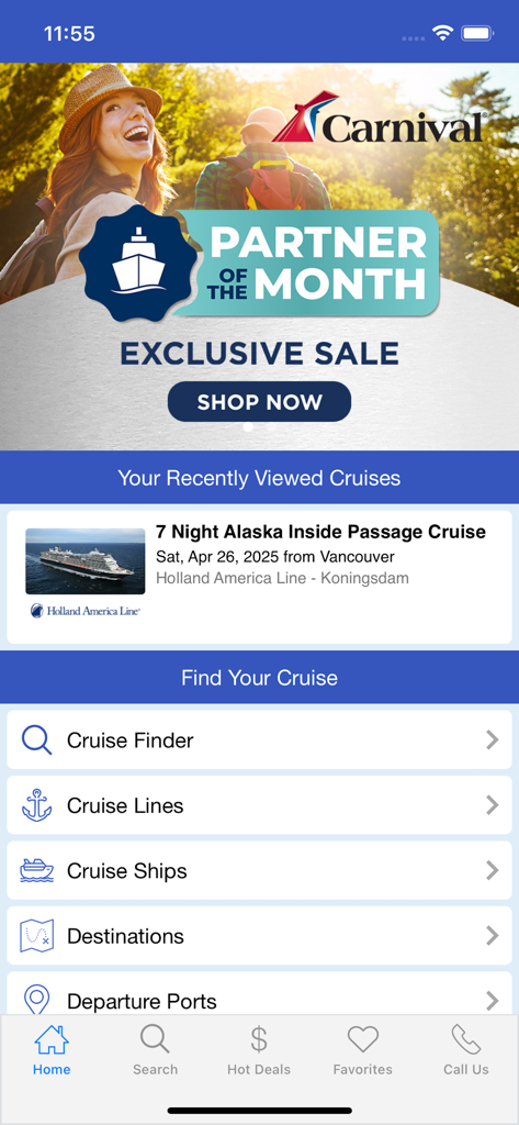 Cruise Finder by iCruise.com - Home screen of Cruise Finder app featuring cruise deals recently viewed trips and search options