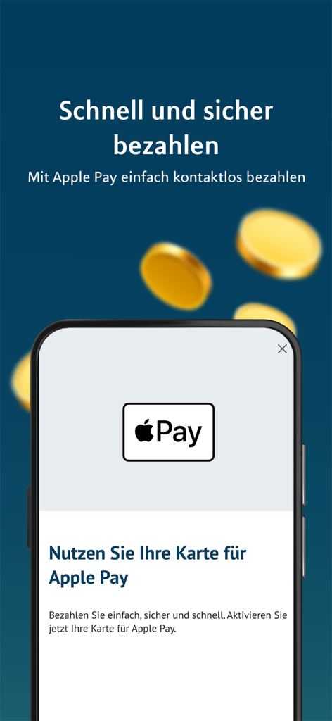 MLP Banking - MLP Banking App-Bildschirm, der die Apple Pay-Integration für sichere und schnelle kontaktlose Zahlungen zeigt