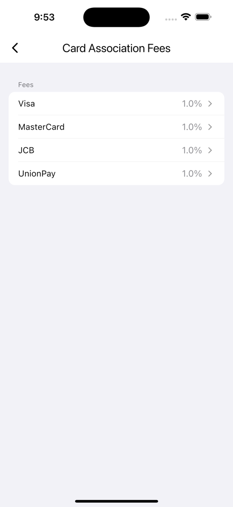 Visa, MasterCard, JCB 및 UnionPay에 대한 1.0% 카드사 수수료를 보여주는 목록.