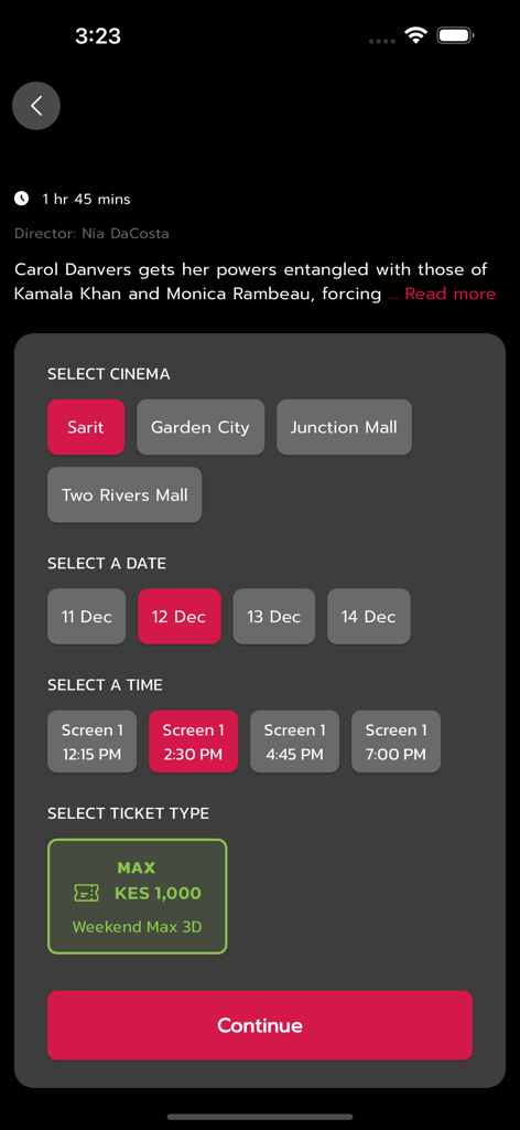 Century Cinemax - Tela de reserva de ingressos de cinema no aplicativo Century Cinemax com opções de local de cinema, data e horário