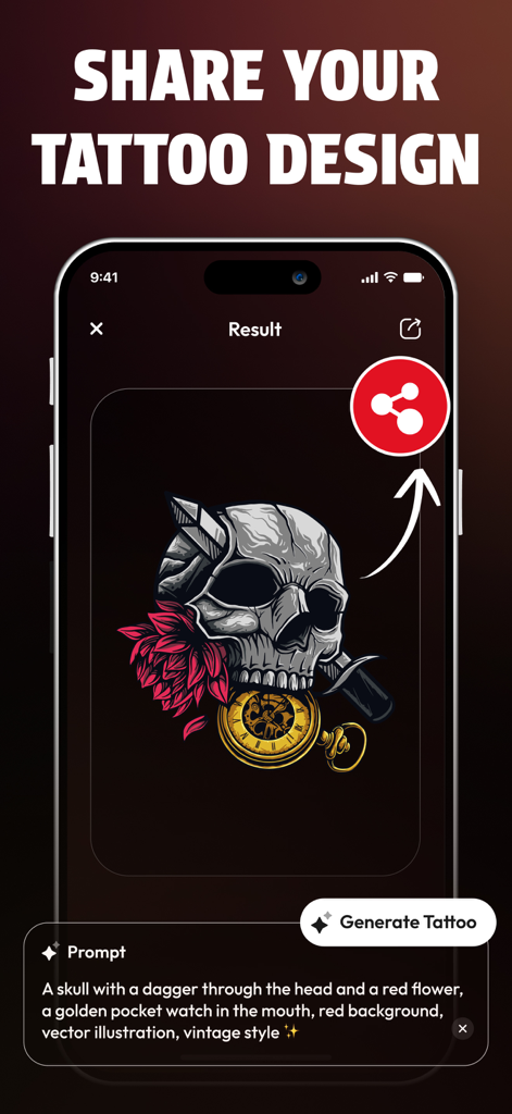 A smartphone screen showing an AI generated tattoo design of a skull with a dagger and pocket watch being shared