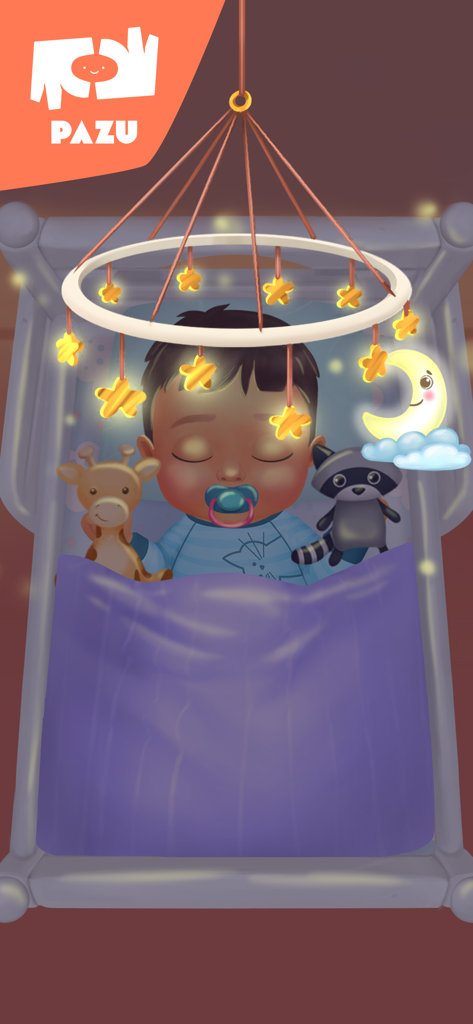 A cartoon baby sleeping in a crib under a star mobile in a childcare game.