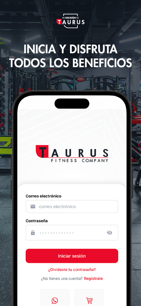 Taurus - Login screen for Taurus Fitness Company app showing email and password fields