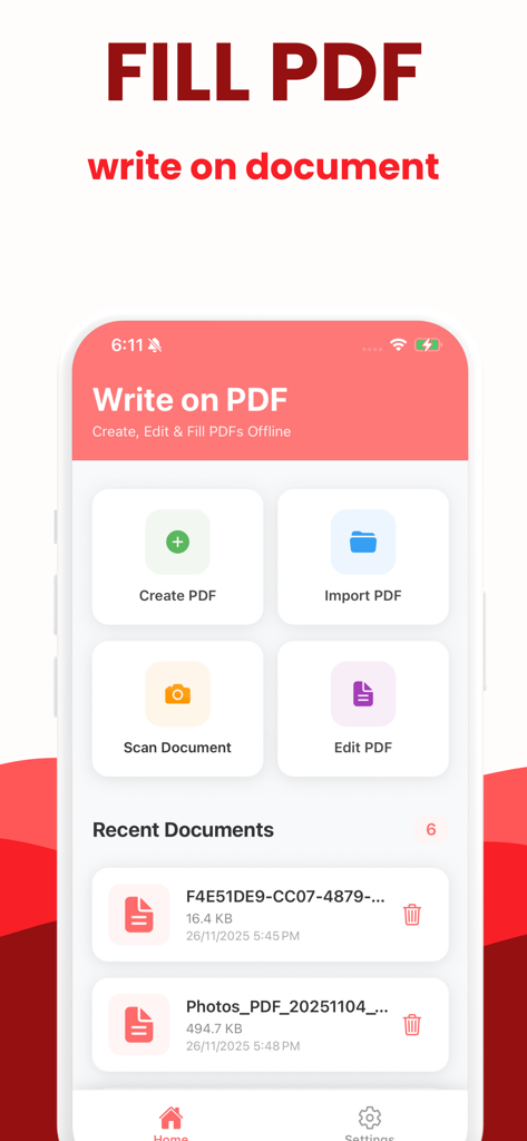 ドキュメントの作成、インポート、スキャン、編集オプションが表示されたWrite on PDFアプリのホーム画面