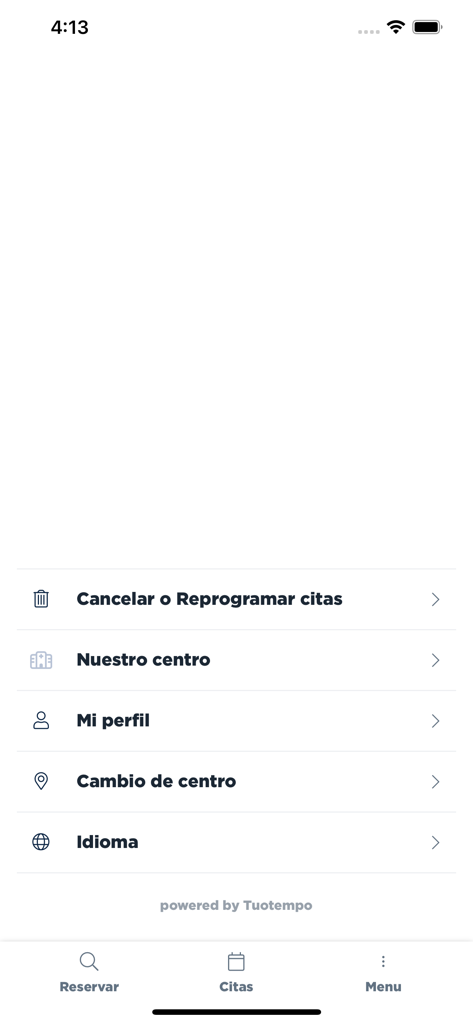 Pantalla de menú de la aplicación móvil Hospitales Parque que muestra opciones para gestionar citas y la configuración del perfil