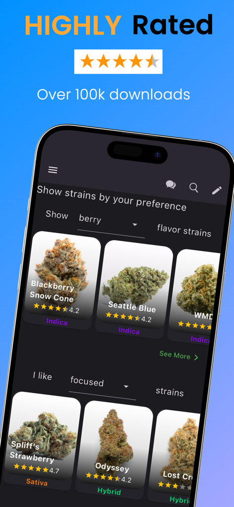 A smartphone showing the Strain Guide app interface with a list of cannabis strains filtered by berry flavor and focused effects