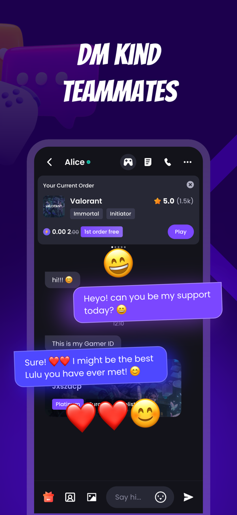 E-Pal: Your Kind Teammates - A chat interface in the E-Pal app showing a friendly conversation between a user and a Valorant teammate
