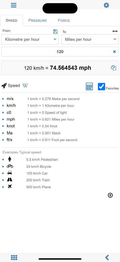 Unit converter MxUnit Pro - MxUnit Pro unit converter interface showing speed conversion from kilometers per hour to miles per hour with typical speed examples