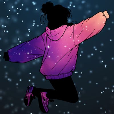 realistic girl jumping with a bun and oversized sweatshirt