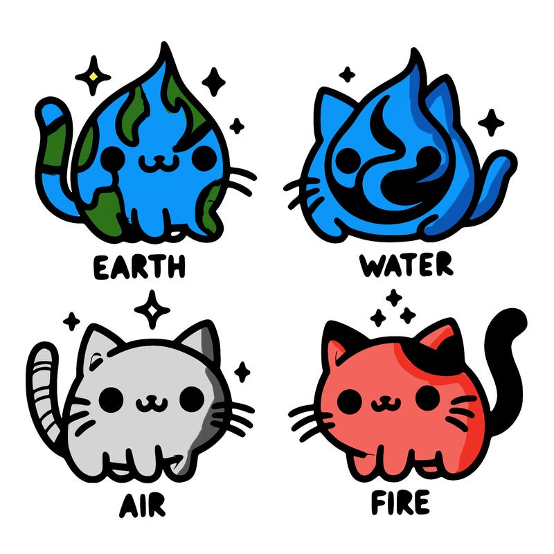 4 cats that represent the different elements, earth, water, air, and fire