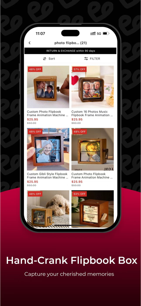 SOUFEEL - Personalized Gifts - Soufeel mobile app interface showcasing a variety of personalized hand-crank flipbook boxes with custom photos and discount labels