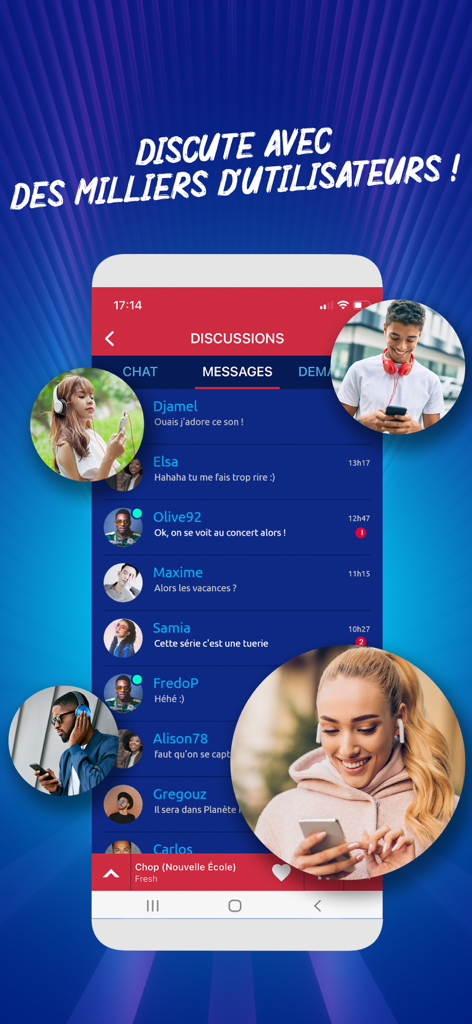 Interfaz de mensajería de la aplicación móvil Skyrock Radios mostrando una lista de chats de usuarios activos y funciones de comunidad social
